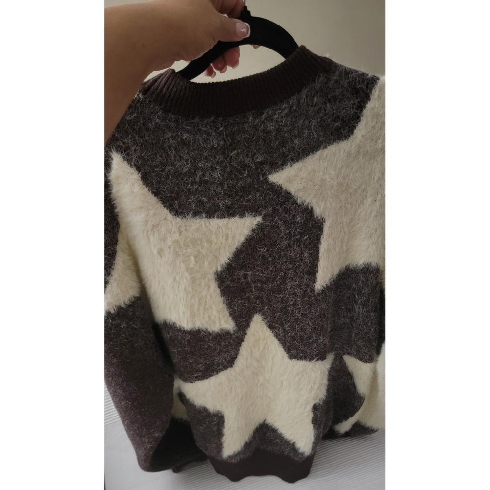 Nasty Gal Oversized Star Print Fuzzy Knit Sweater Brown Cream Large - Picture 2 of 5